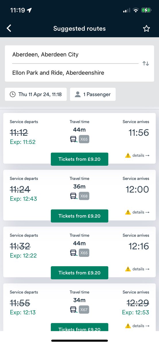 _HerMonologue's tweet photo. @StagecoachBBird This shows for the Aberdeen to Ellon route. Every single day this week is showing delays. 

I have also checked the Aberdeen to Newburgh bus route and it’s the same. 

It also doesn’t matter what time you look for a bus, all are showing as being delayed but still arrive on time. https://t.co/HtD1c2lOpm