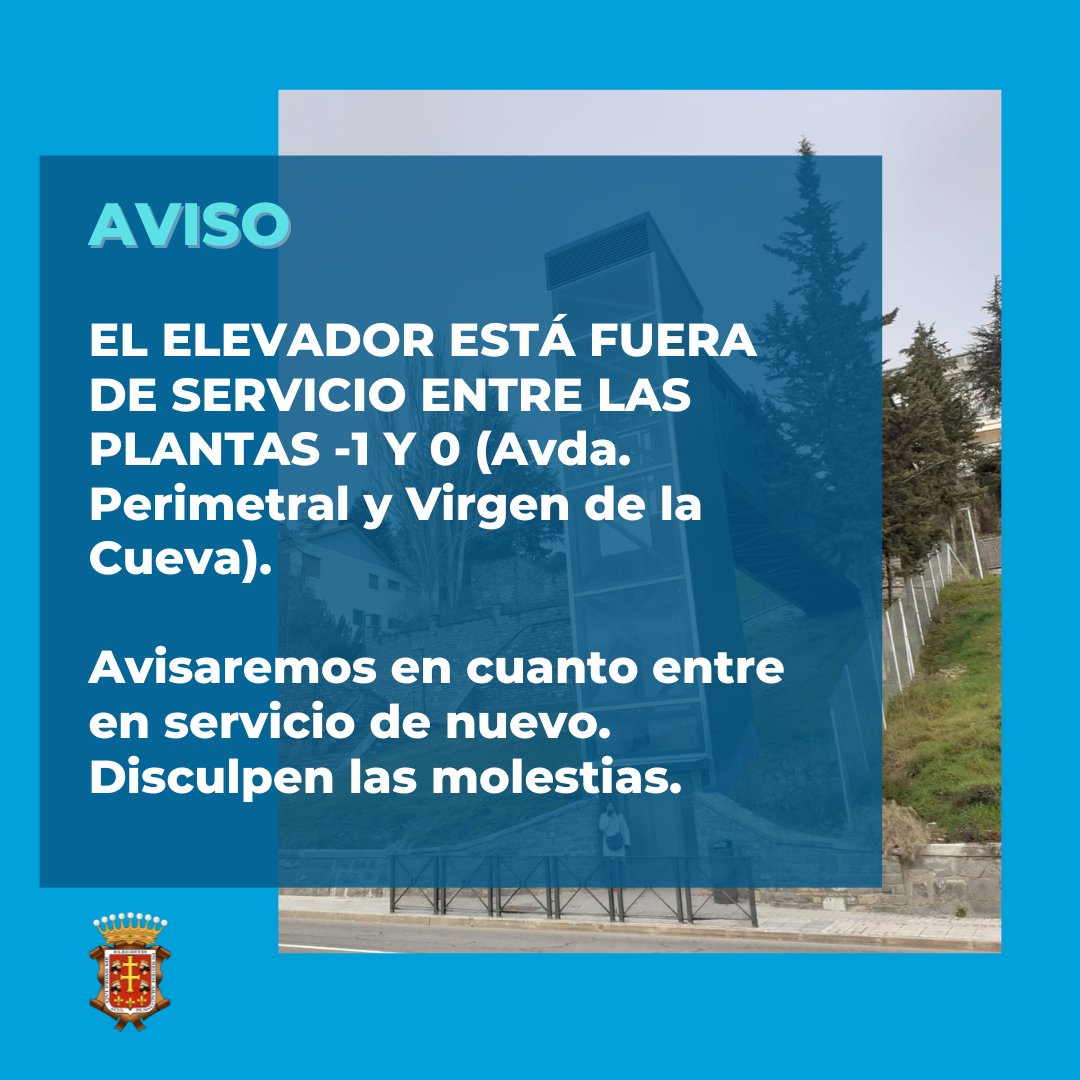 AVISO. El elevador estará fuera de servicio en el nivel entre la avenida Perimetral y la calle Virgen de la Cueva. En cuando entre en servicio de nuevo daremos aviso. Disculpen las molestias.