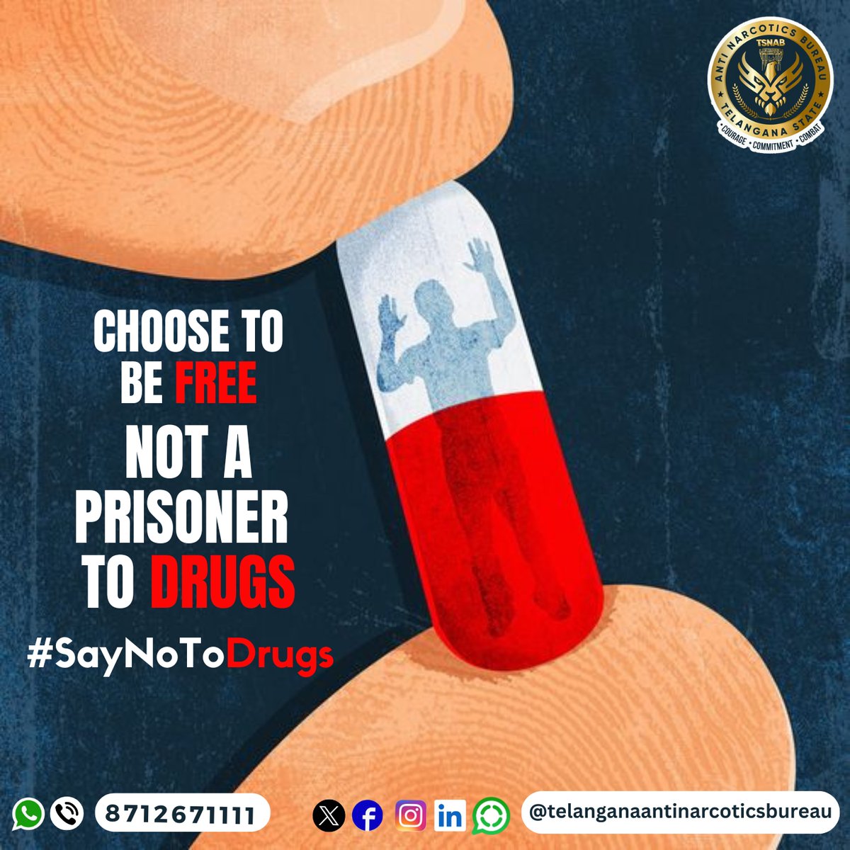 Choose to be Free, not a prisoner to Drugs. #SayNoToDrugs @TelanganaDGP @narcoticsbureau @CVAnandIPS @TelanganaCOPs @hydcitypolice @cyberabadpolice @RachakondaCop @NMBA_MSJE @UNODC #drugfreetelangana #drugfreegeneration #UNODC #NMBA #tsnab