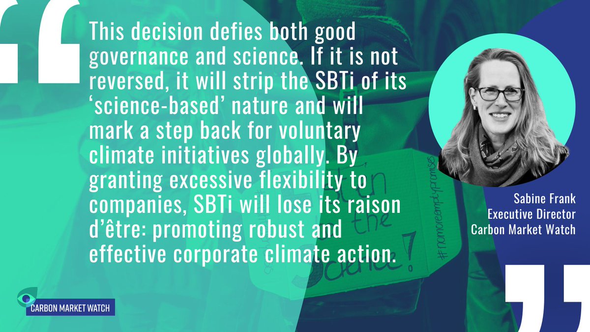 CarbonMrktWatch's tweet photo. Carbon Market Watch strongly condemns the decision of the Science Based Targets initiative's Board of Trustees that SBTi would recognise carbon credits as a way to “abate” scope 3 emissions.

This unscientific decision must be reversed.

https://t.co/8dJA4izLc2 https://t.co/IOKT1Yt6YH