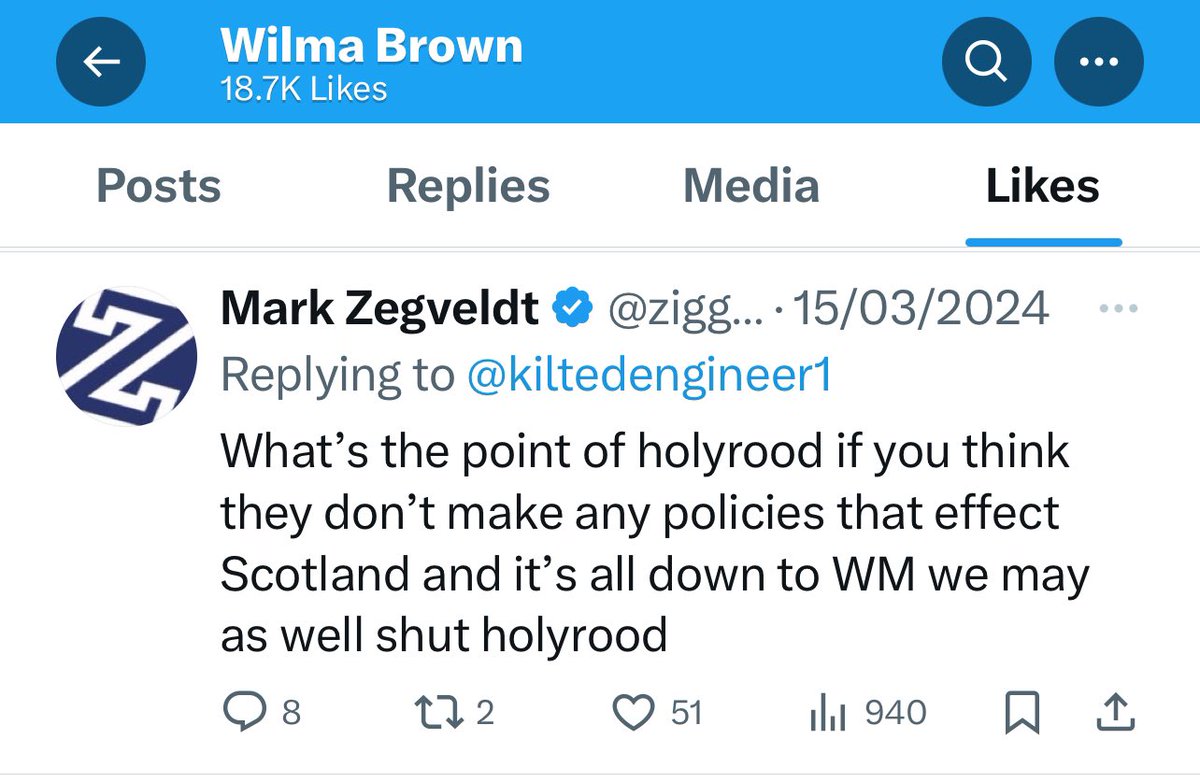 🔎 Another quick trawl through Wilma Brown’s liked tweets - Labour candidate in Cowdenbeath & Kirkcaldy - suggests she really doesn’t like Holyrood and wants it abolished. Holyrood isn’t safe in Tory hands, and apparently not in Labour’s either. That’s just from past few weeks.