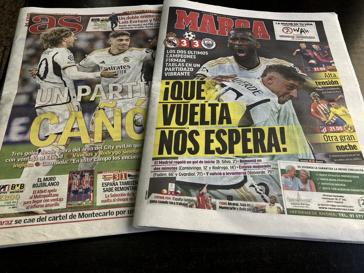 Reaction to last night’s epic game at the Bernabeu. Marca say ‘What a return awaits us’ while AS liken the explosive game to a canon going off #MCFC @MirrorFootball @DailyMirror