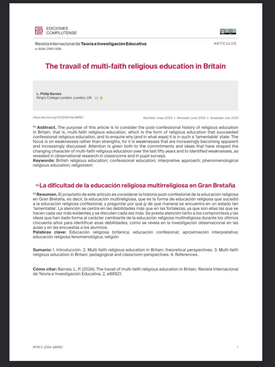 El profesor Barnes nos brinda una de sus investigaciones reconocidas internacionalmente, donde, en esta ocasión, trata de comprender qué ha podido suceder con la educación multirreligiosa. Un debate necesario.

👇🏽
revistas.ucm.es/index.php/RTIE…