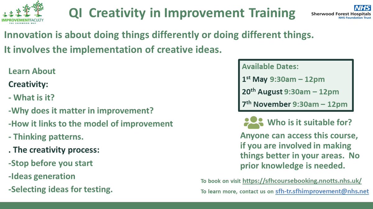 Struggling to think differently? Then come along to one of our Creativity in Improvement sessions where we will introduce you to a range of useful tools. Book a place here: sfhcoursebooking.nnotts.nhs.uk/fulldetails.as…