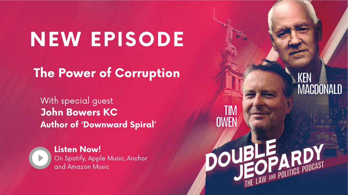 📖 New Episode 📖 Ep 52: John Bowers KC- The Power of Corruption Ken Macdonald & Tim Owen discuss #BorisJohnson & the degradation of the British State with author of ‘Downward Spiral’, John Bowers KC Listen now 👉 Apple:podcasts.apple.com/gb/podcast/dou… Spotify:open.spotify.com/episode/2II1ks…