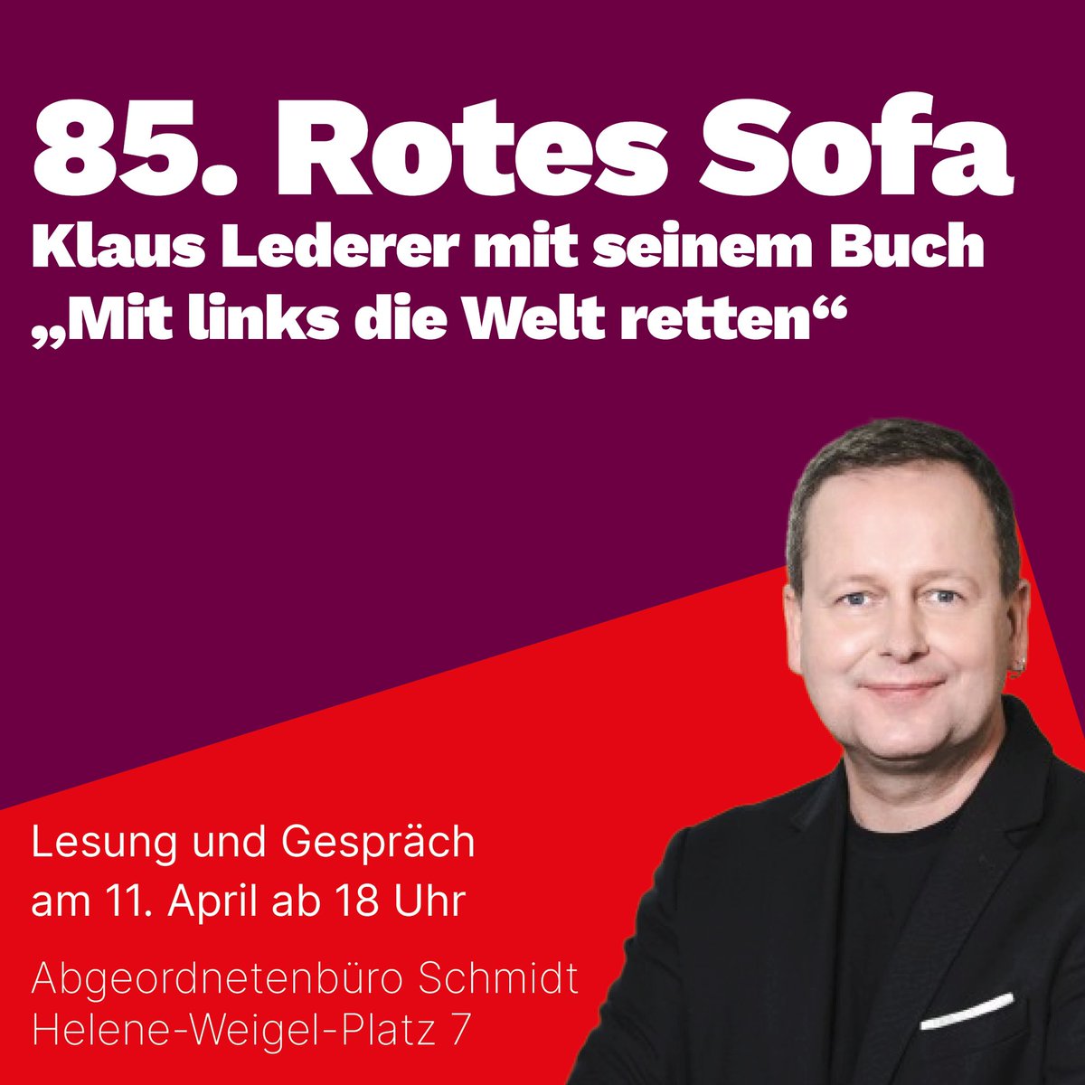 Morgen begrüßen wir zum 85. Roten Sofa Klaus Lederer mit seinem Buch „Mit links die Welt retten“. #RotesSofa #Lesung #Kultur #Marzahn #MaHe
