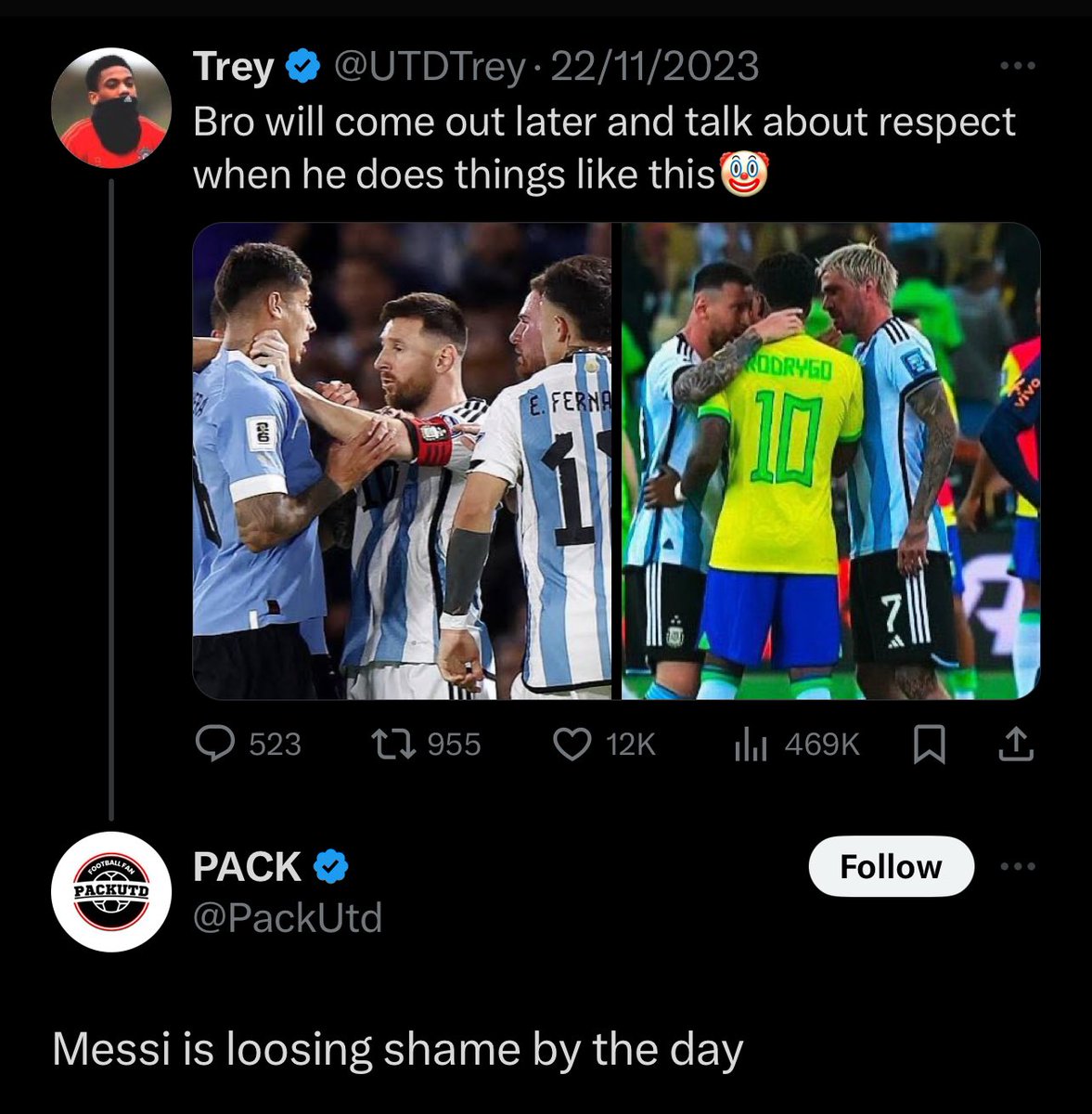 MessiTweeter's tweet photo. @PackUtd Dude you can’t fool nobody.. you are a die hard ronaldo fan boy trying to cover up with Rooney stans 

Here are little proofs 
I haven’t seen you condemn what Ronaldo did to the Al nassr player but you were over the timeline trying to discredit Messi https://t.co/YIxLbq88BK