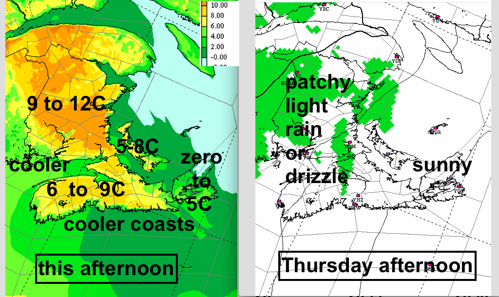 Nice day ahead; warms up with light winds. High thin cloud into western areas this aftn. Just patchy light precip Thursday, mostly NB-W NS (risk ice early am). Sunny CB. Rain or drizzle & gusty south winds Friday. Passing rain on weekend; but there will be extended breaks.