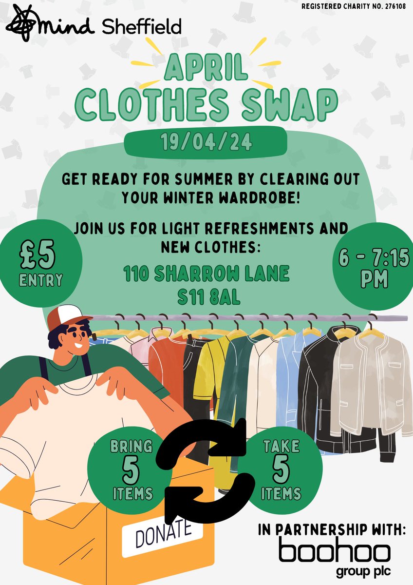 It's the alphabetical countdown to our Clothes Swap, 19th April 6pm. E is for elegant, clothes to make you look fine. F is for festival chic, ready for @tramlines. sheffieldmind.co.uk/clothes-swap-a…