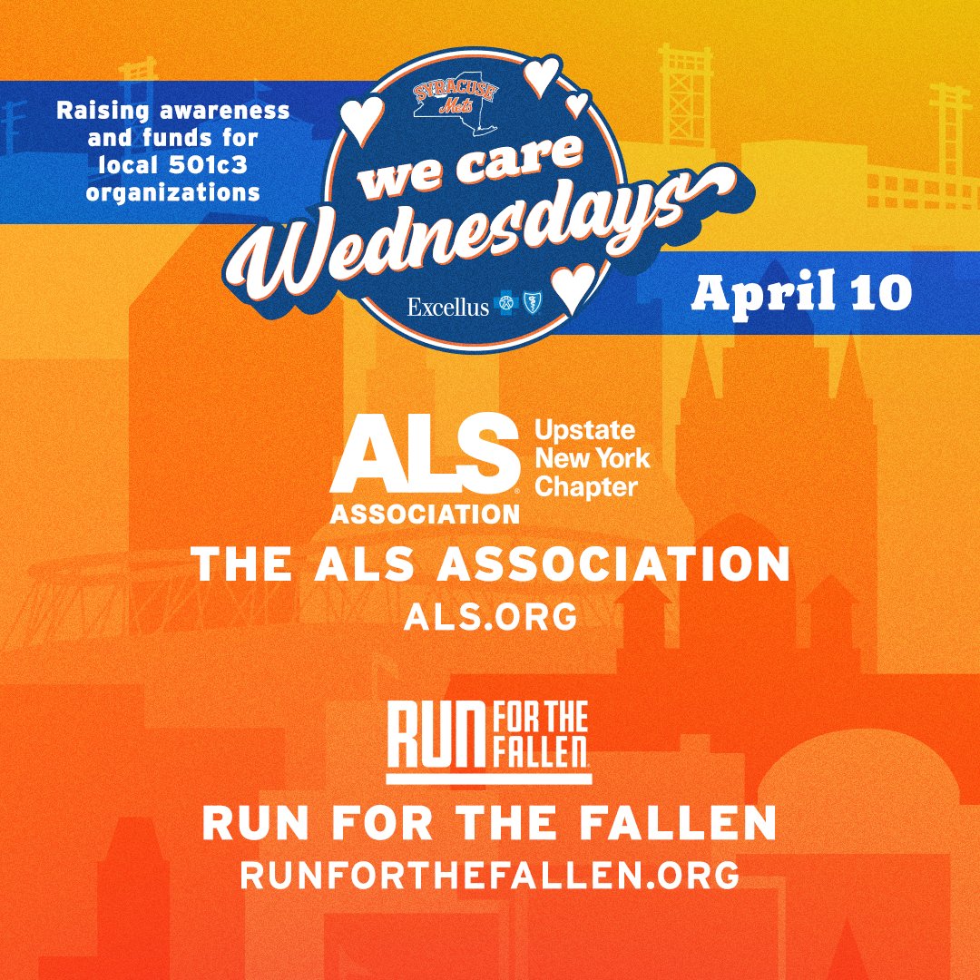 Tonight at 6:35pm, we take on the @WooSox—and it's We Care Wednesday, presented by @ExcellusBCBS! Today's featured orgs are @alsassociation and Run for the Fallen. $5 from each ticket purchased through links at milb.com/syracuse/commu… goes to the charity you select! 🧡💙