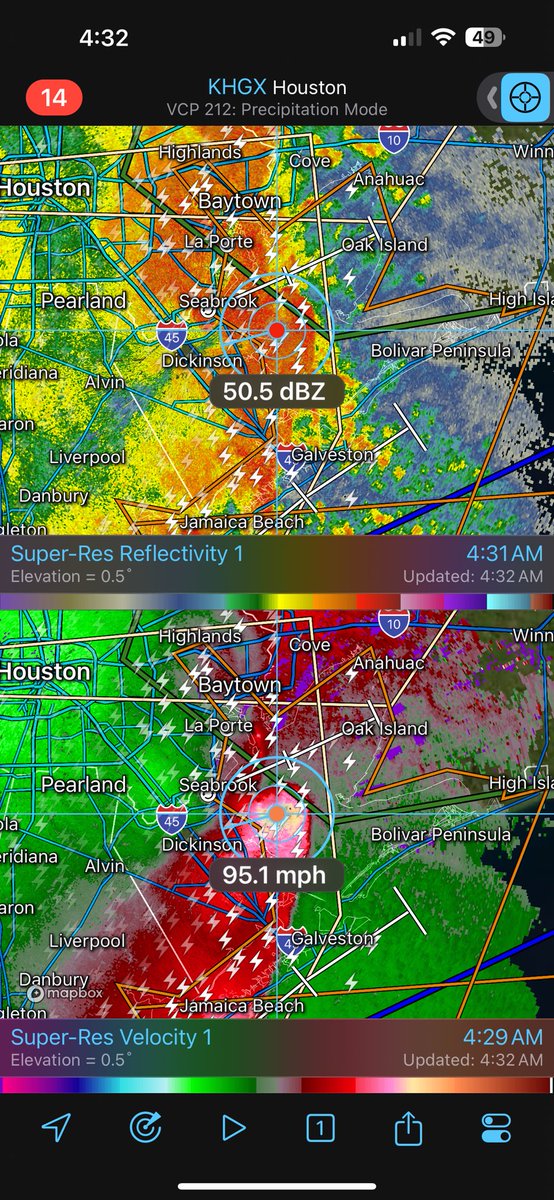 Found a 95mph velocity reading just east of San Leon, TX out over Galveston Bay, @Radi_WX #houwx #txwx