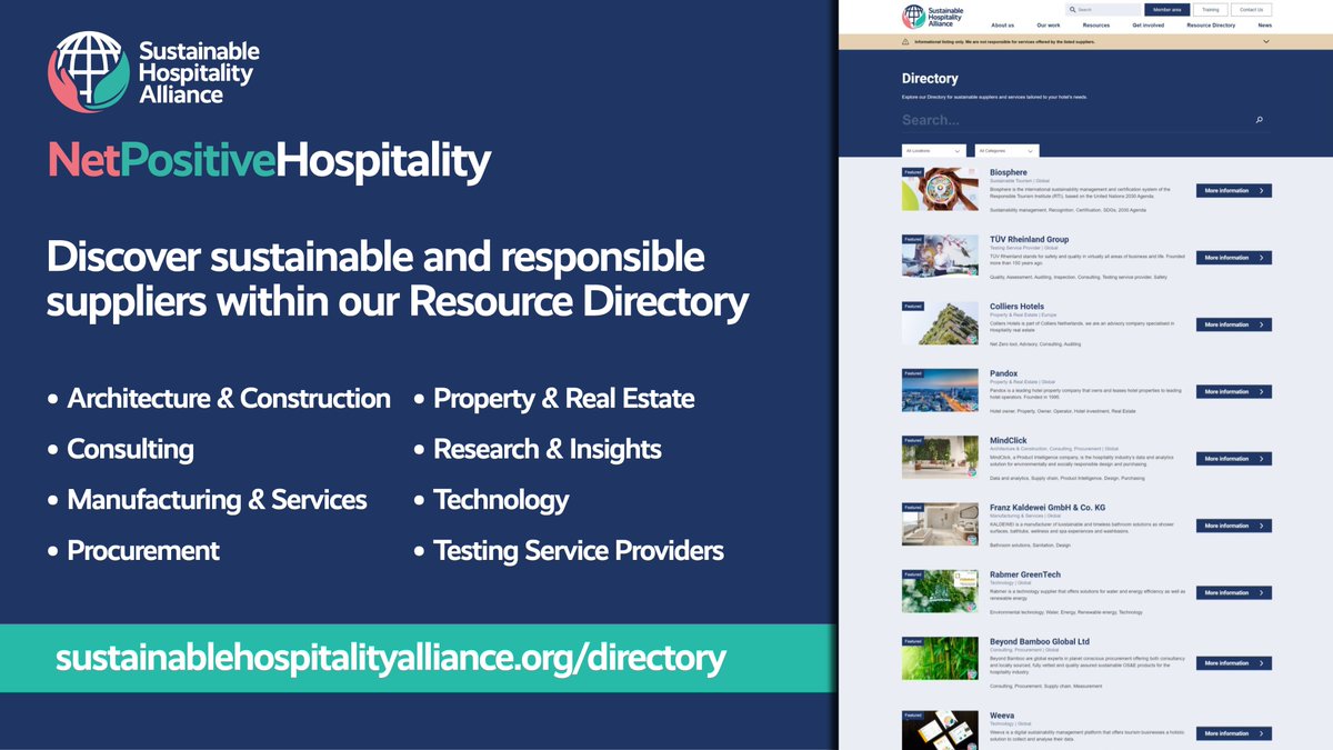 Is your #hotel company looking for new ways to elevate its #ESG strategy? Our #ResourceDirectory has been developed specifically to connect #hospitality companies with #sustainable and #responsible #suppliers. Explore the directory: sustainablehospitalityalliance.org/directory/ #SustainableHotels