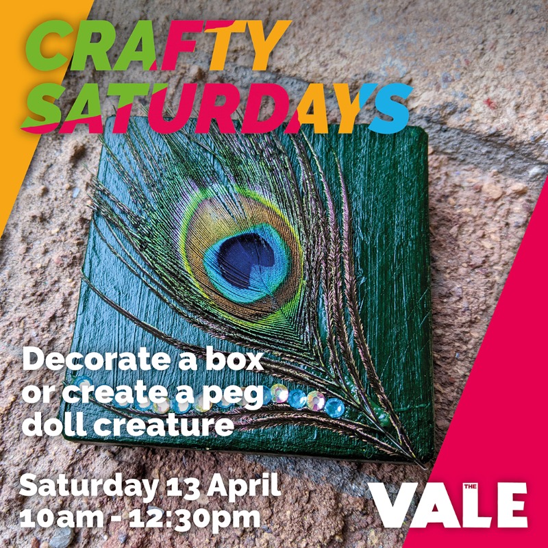 🖌️ 🦚 Crafty Saturdays. Join us Saturday 13 April at The Vale, 10am - 12.30pm. Decorate a box or create a peg doll creature with Mel. 🦚 🖌️ It’s FREE! 🆓  #CraftySaturdays #MossleyFreeActivities #Craft #TheVale #Event #Mossley #Making #InTameside #Decorate #PegDoll