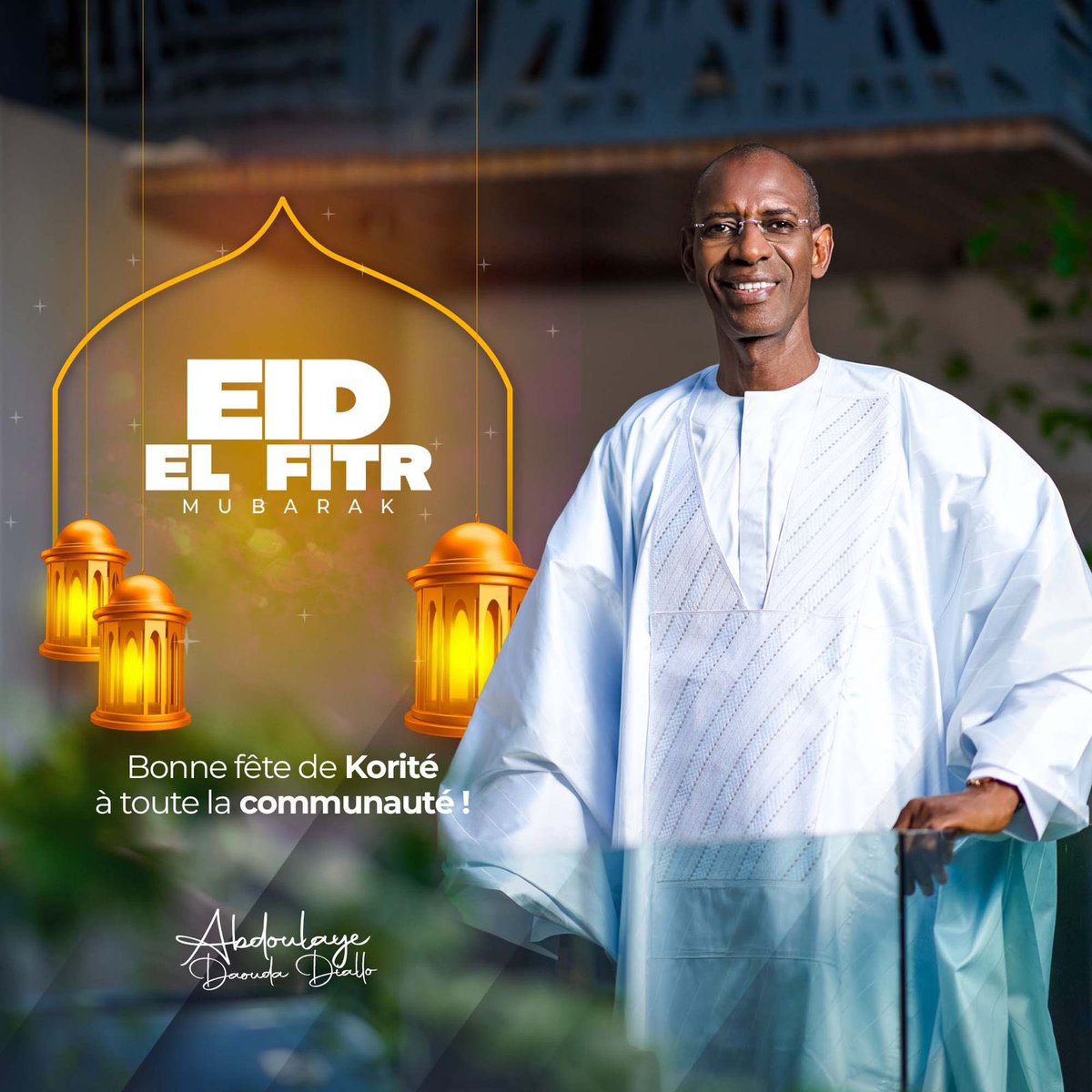 À l’occasion de la célébration de la Korité, je souhaite à tous mes concitoyens une fête remplie de paix, de joie et de bénédictions.

Eid Mubarak à vous et à vos familles.

#Korite 
#EidMubarak 
#ADD
#abdoulayedaoudadiallo 
#senegal🇸🇳