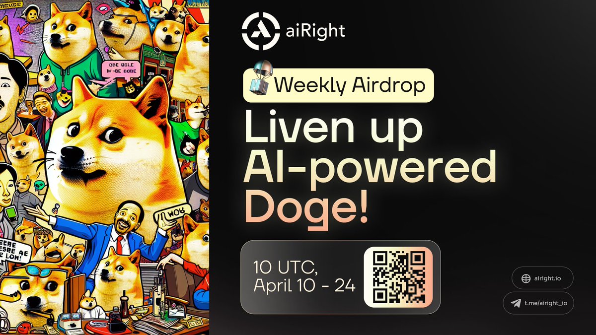 Dogeify for #aiRightCampaignDrop 🎁🎉 🏆 Here's how to earn $1000 in rewards: ✅ Follow @airight_io 🌠 Complete tasks, create art with #Doge 👀 Votes w/ #AIG on airight.io/campaign/6 Join event-discord: discord.com/invite/BG96azJ… #Web3Community #Airdrop $AIRI $ORAI