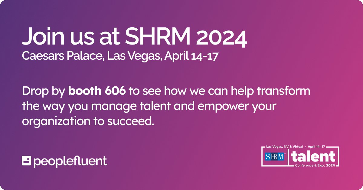 5 days to go!  If you're heading to the @SHRM Talent Conference & Expo, stop by booth 606 to meet the amazing and super friendly PeopleFluent team to discuss the latest updates on #talent development, #performance management, and #succession planning. #SHRMTalent