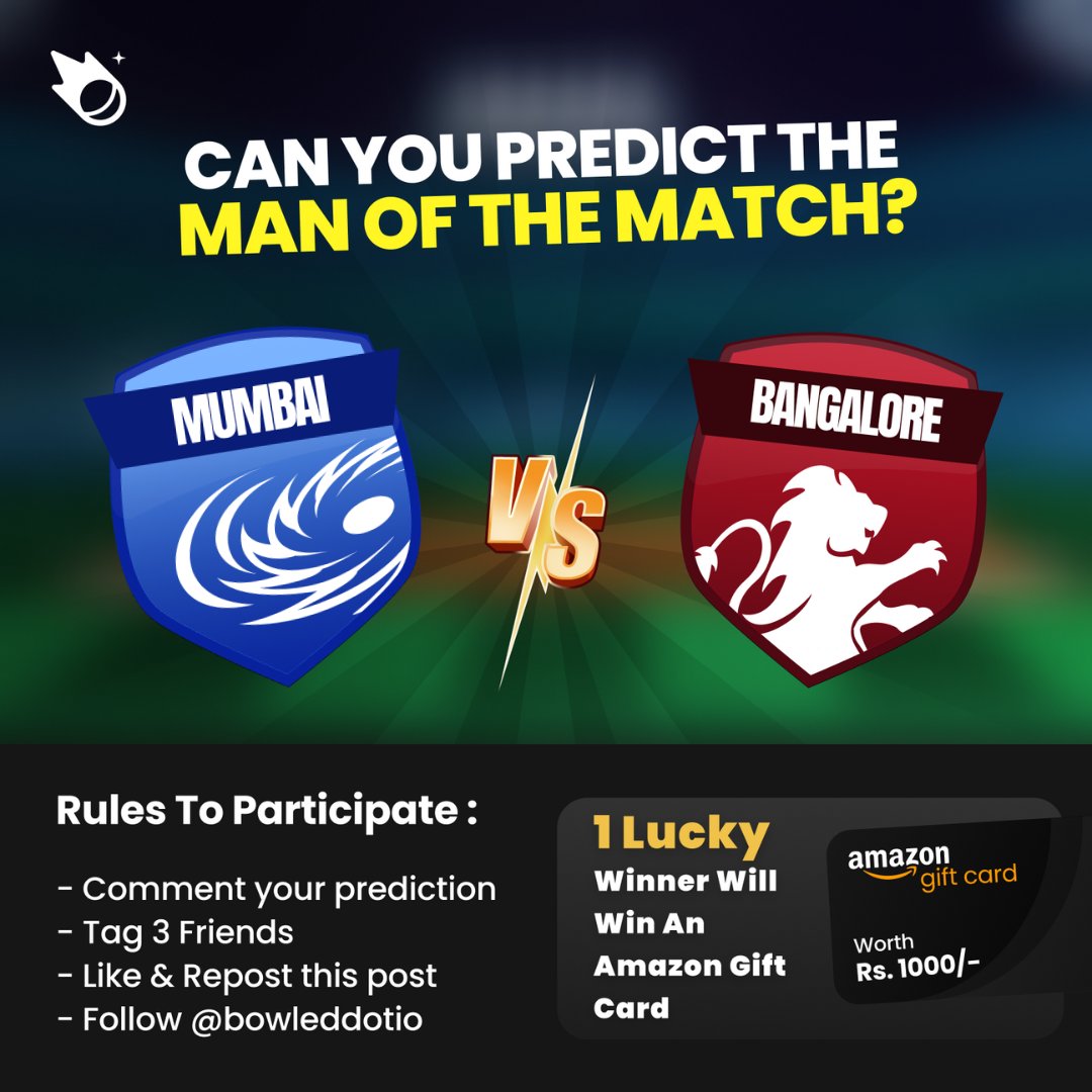 🚨Contest Alert🚨 ✨Predict the Man of the Match in #MIvsRCB 🏏 ✨1 Lucky Winner will get an amazon voucher worth Rs. 1000 🎁 How to enter: 1️⃣ Follow @bowleddotio 2️⃣ Like & Repost this Post 3️⃣ Drop Your Prediction Below and Tag 3 Friends👇🏽 #MIvsRCB #IPL #ContestAlert #Giveaway