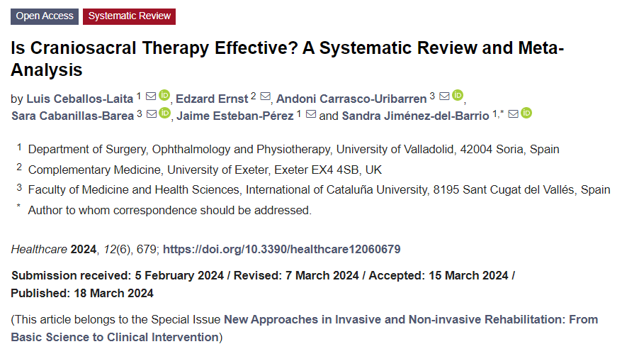 ☀️#HotPaper #mdpihealthcare✔️

'Is #Craniosacral #Therapy Effective? A Systematic Review and Meta-Analysis' @UVa_es @UniofExeter @UICbarcelona

📌Find the full paper here: mdpi.com/2227-9032/12/6…