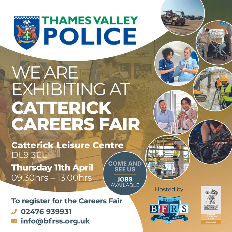 Join TVP at Catterick Careers Fair Today! 🚔 🕤 9:30am - 1:00pm 💬 Explore exciting opportunities with Thames Valley Police! Whether you're interested in becoming a Police Officer or Police Staff roles, we have positions suited for you.