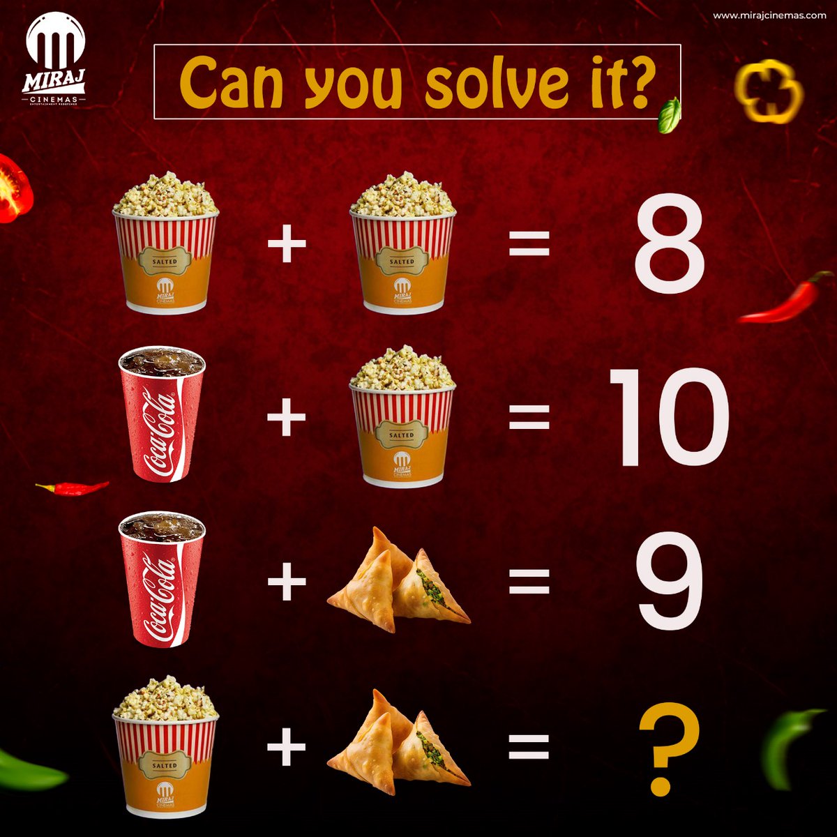 MirajCinemas's tweet image. 🍿🥤 Ready to crunch the numbers? Solve the popcorn, coke, and samosa equation and comment your answer below and munch on #Miraj food for the perfect cinema experience! 🎬  
.
.

#Solvetheequation #MovieNightPuzzles #Popcorn #Coke #Samosa #MovieNightDelights #GameAdventure…