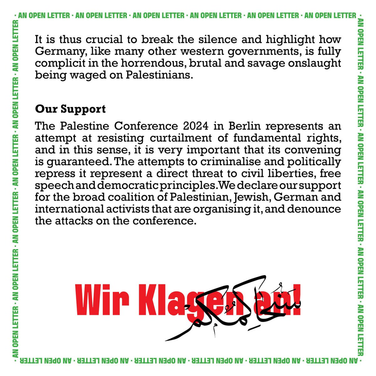 I would like to ask you for your help. Could you...

- retweet and comment on this post? twitter.com/wirklagenan/st…

- post your own tweet? Something like this:

I give my support to the Palestine Conference to break the silence in Germany!

#WeAccuseGermany #PalaestinaKongress