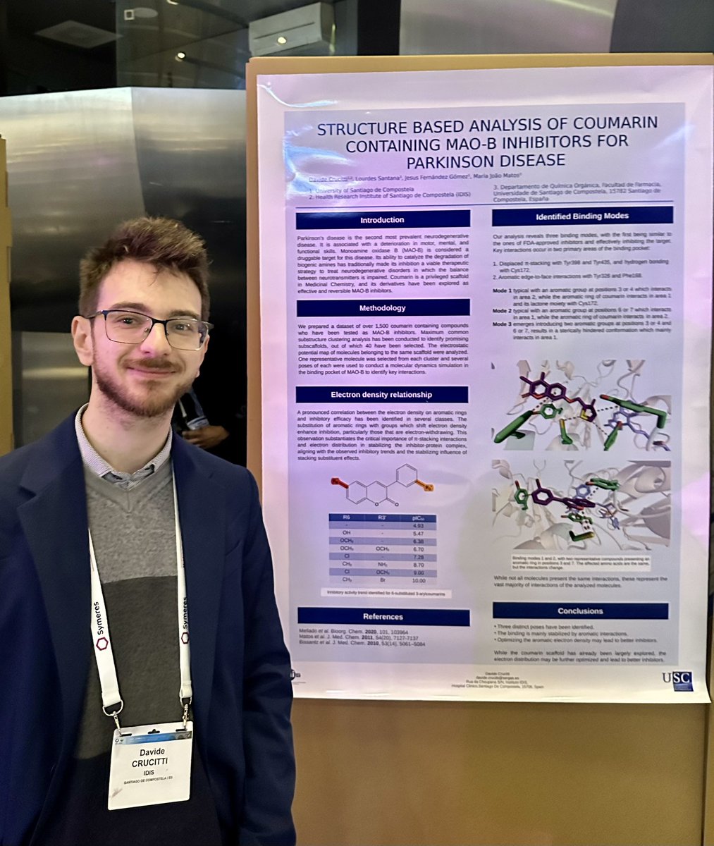 Davide Crucitti is presenting his poster “STRUCTURE BASED IDENTIFICATION OF NOVEL COUMARIN-CONTAINING MOLECULES FOR PARKINSON DISEASE” (P022) today at #MedChemFrontiers24  @EuroMedChem @AcsMedi @UniversidadeUSC @idis_research @Farmacia_USC