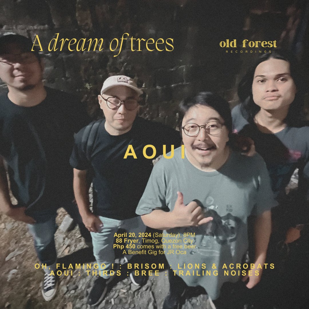 BAND FEATURE (6/7)
An explosive performance from <a href="/aouimusic/">AOUI</a> happens at DREAM OF TREES 🍂

📆 April 20, 2024 (Saturday), Show starts 8P
📍 88 FRYER, Panay Ave., QC (Near Timog)
🎫 P450 (Comes with a free beer)
A Benefit Gig for JR Oca

Celebrate Music, Serve Communities