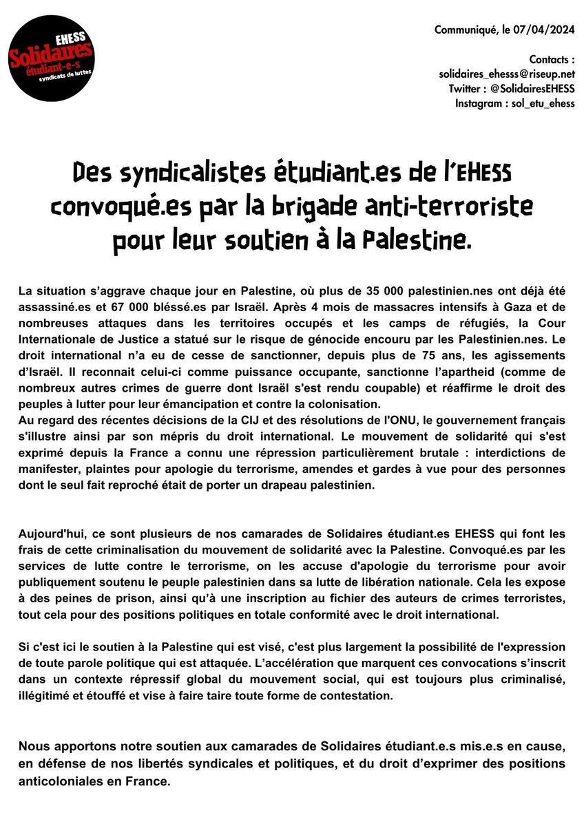Solidaires etudiant.e.s EHESS tweet media