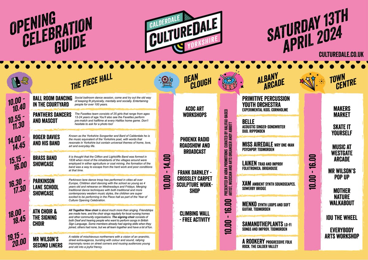Today marks the official opening celebrations for Calderdale's 2024 Year of Culture! As you can see there are many exciting activities and performances throughout the day in and around Halifax showcasing culture and creativity. culturedale.co.uk