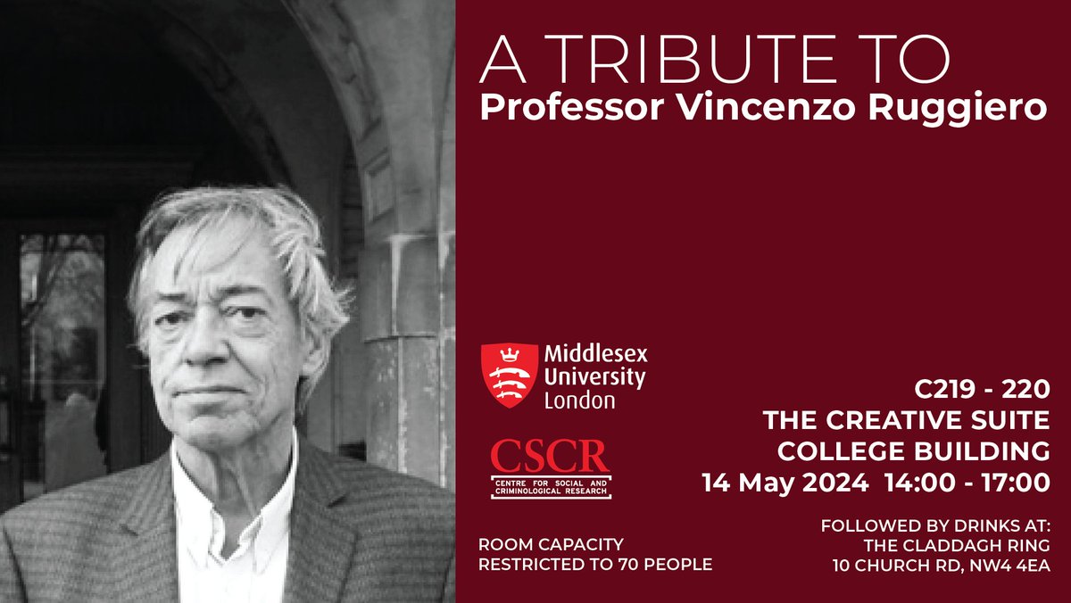 A tribute event for Vincenzo Ruggiero at Middlesex University @MDXlaw. If you would like to attend, please register using the Eventbrite link. TributeProfVRuggiero.eventbrite.co.uk The event is in-person and online. Online attendance must also be booked via Eventbrite.