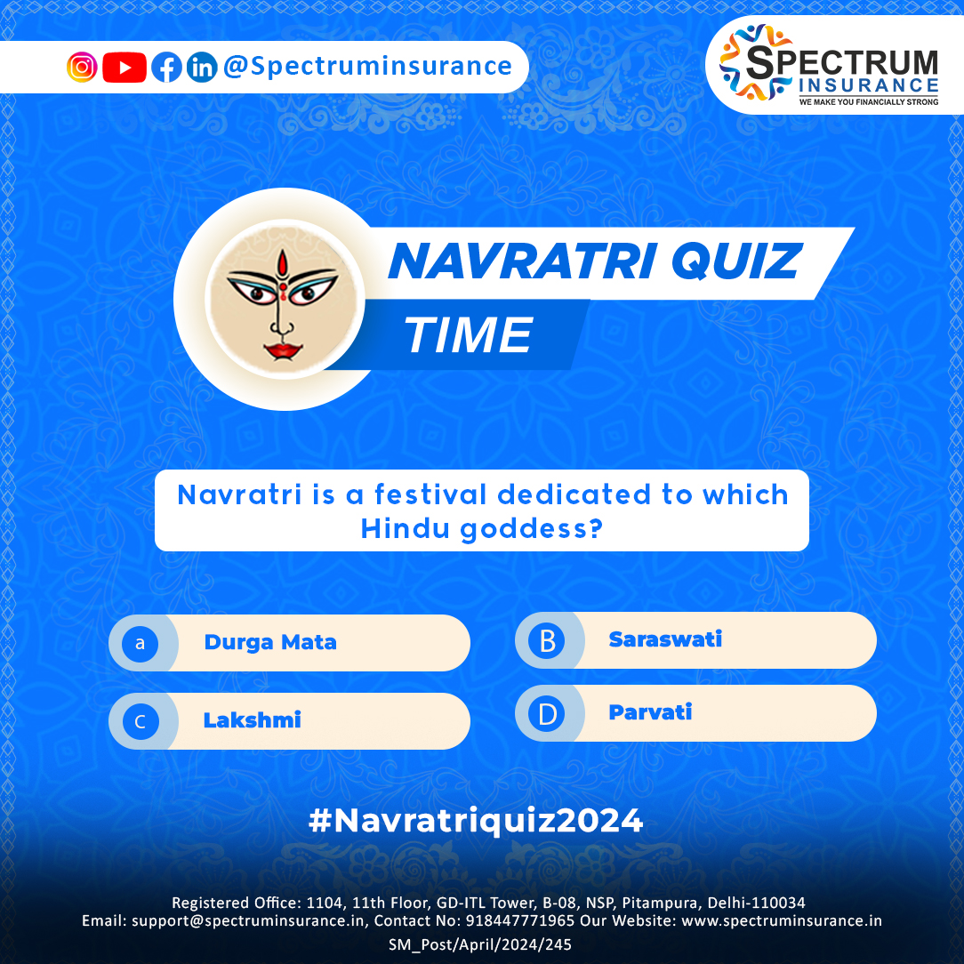 Answer the question and be a part of the Spectrum Navratri Contest!

Follow us and remember to Like
Tag 3 of your friends & @spectruminsurnace
And comment with the correct answer using #spectruminsurance

#navratriDay2024 #spectruminsurance #Quiz #Banking #quizalert #follow