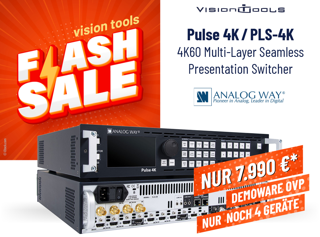 visiontools (@visiontools) on Twitter photo FLASH SALE TOP OFFER - PULSE 4K NUR 7.990 €* (DEMOWARE)
Die Geräte sind Demo- bzw. Messegeräte, in neuwertigem Zustand und originalverpackt.
Wir bieten die Switcher zum Sonderpreise von 7.990,- Euro (*+MwSt) an.
Bestellungen gerne unter vt-sales@visiontools.de FLASH SALE TOP OFFER - PULSE 4K NUR 7.990 €* (DEMOWARE)
Die Geräte sind Demo- bzw. Messegeräte, in neuwertigem Zustand und originalverpackt.
Wir bieten die Switcher zum Sonderpreise von 7.990,- Euro (*+MwSt) an.
Bestellungen gerne unter vt-sales@visiontools.de