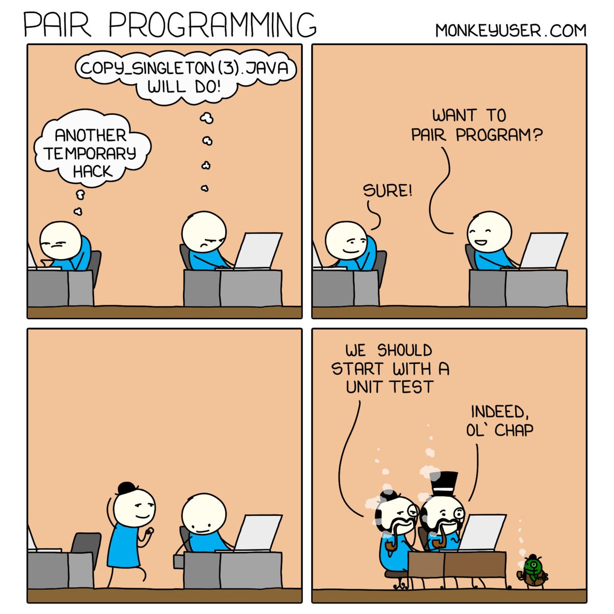 arnolanglade's tweet image. 👯‍♂️ Travailler en solo ? Pas vraiment mon truc !

J&apos;explique 🧵 👇 [1/4]

🖼️ Image : monkeyuser.com

#pairProgramming #EnsembleProgramming #MobProgramming #Feedback #Collaboration