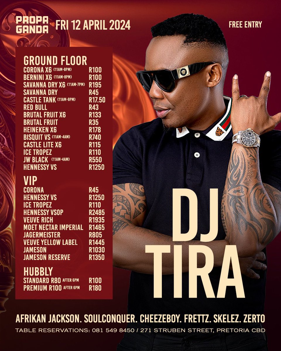 CELEBRITY FRIDAY with @DJTira FREE ENTRY 🎙️BIGGEST ARTIST IN SA 🌍3 FLOORS OF FUN 🥇PHENOMENAL HOSPITALITY 🅿️SECURED PARKING 👮🏿‍♂️CAR GUARDS ⏰OPEN TILL 4AM Black coffee Nonku ntandokazi #RHODurban Annie bonginkosi khanyile khoffee with khosi Twala