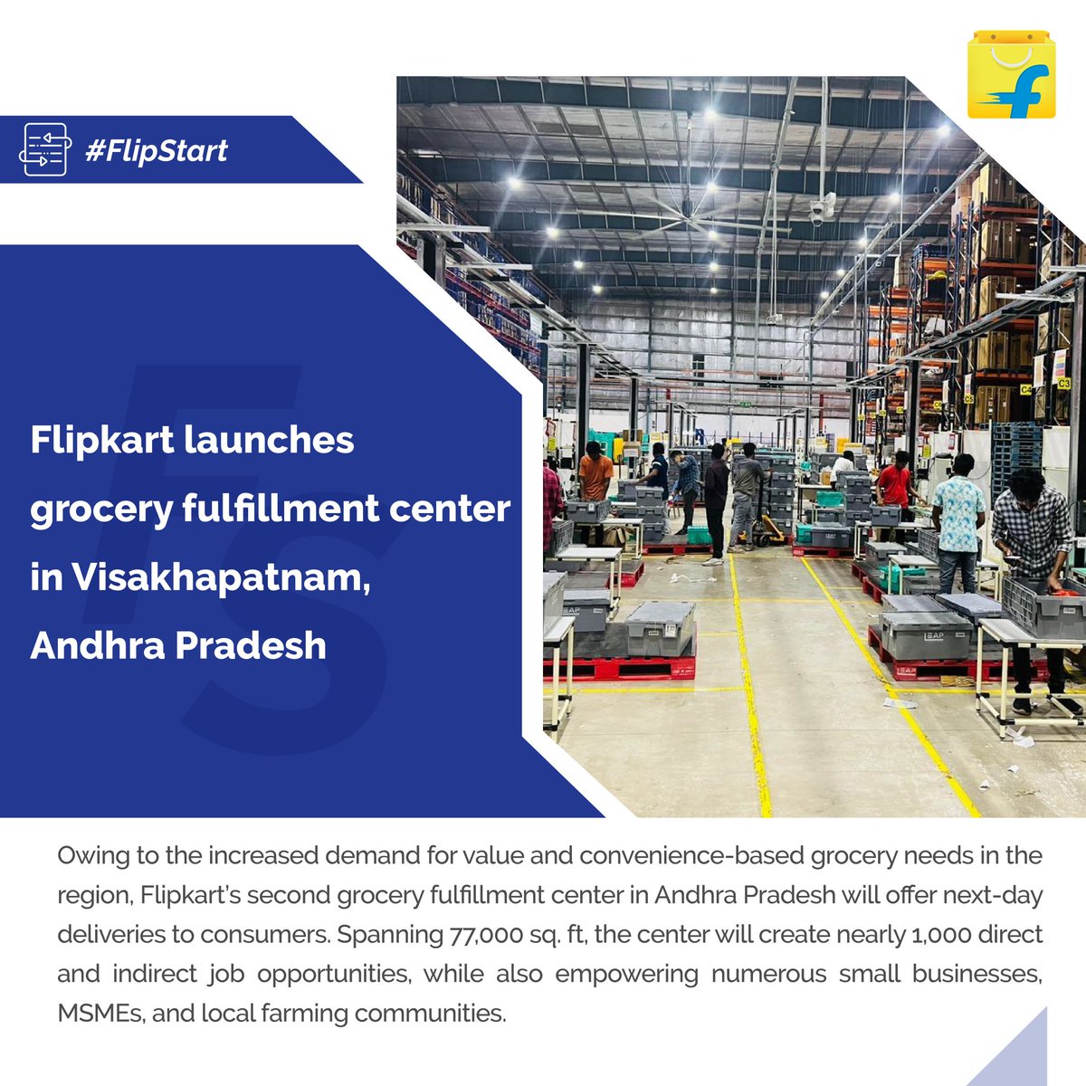 .@Flipkart launches its 2nd grocery fulfillment center in #AndhraPradesh reinforcing our commitment to making online shopping seamless for consumers nationwide. It will offer popular regional brands and 6,000+ products across categories. Flipkart continues to foster…