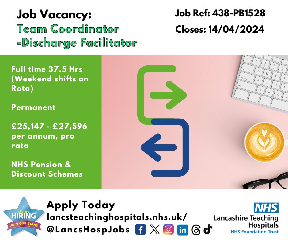 Job Vacancy: Team Coordinator - Discharge Facilitator @LancsHospitals ⏰Closes: 14/04/2024 Discover more and apply: lancsteachinghospitals.nhs.uk/join-our-workf… #NHS #NHSjobs #DischargeFacilitator #Lancashire #Preston #chorley