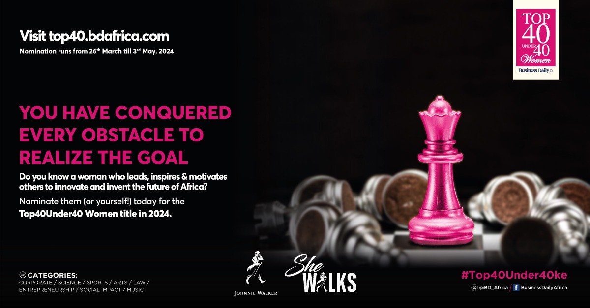 Nominate a deserving woman, or yourself, today for the Business Daily Top 40 Under 40 Women 2024! Visit top40.bdafrica.com to submit your nomination. Nominations close on 3rd May 2024. @JohnnieWalkerKe #Top40Under40KE #SheWalks