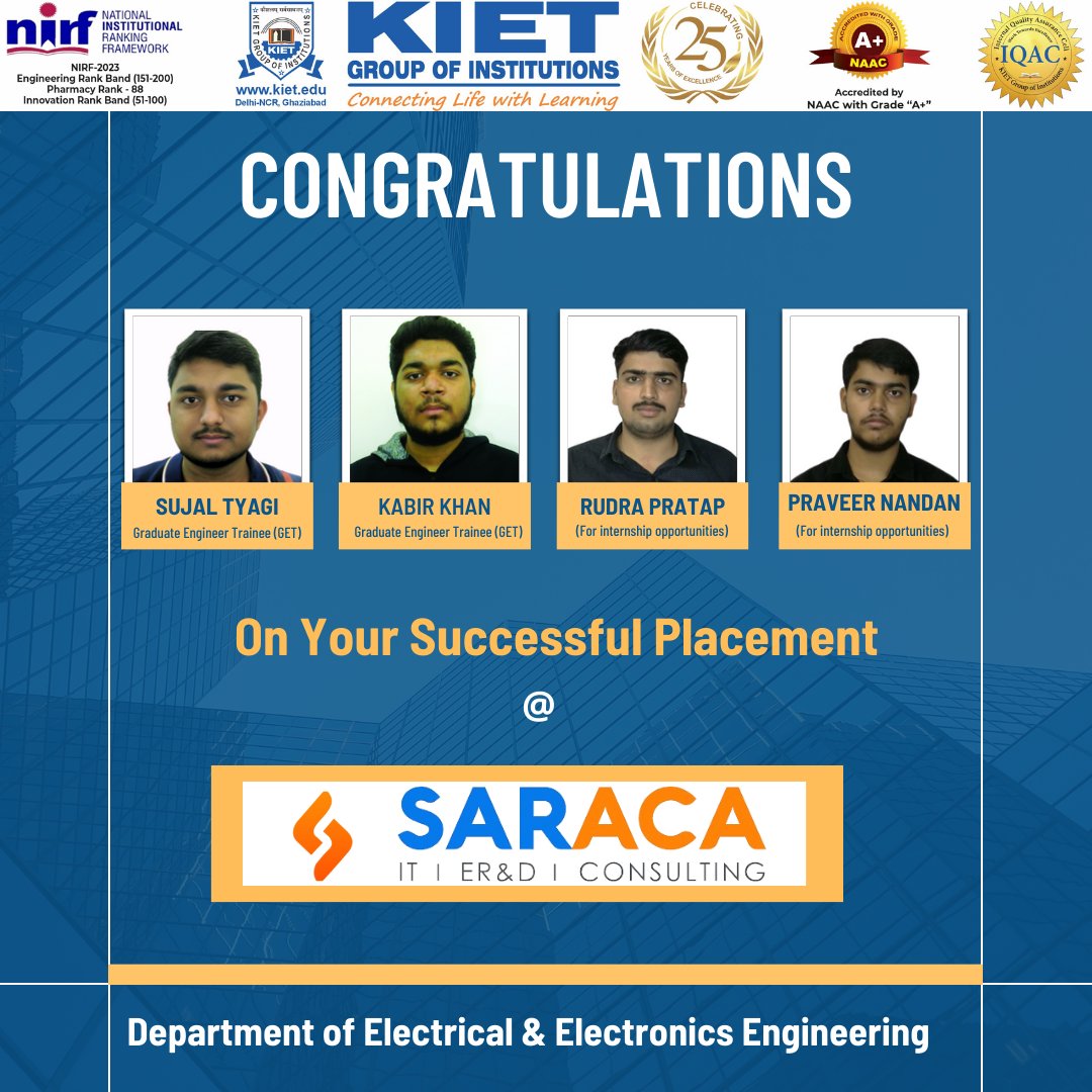 Congratulations to the selected students of EEE Department for securing placements at SARACA! 
#kiet_group_of_institutions #KIETGZB #kietengineeringcollege #KIET #AKTU #AICTE #TopEngineeringCollege #EEE #CampusPlacement #Internship #SARACA #ElectricalEngineering