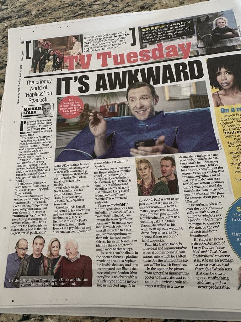 Americans! Today is the day! You can see me get noticeably balder between the two seasons of HAPLESS out right now on NBC @peacock! As a bonus the New York Post gave us a great full page review! Mazel tov to writer/director @garysinyor!