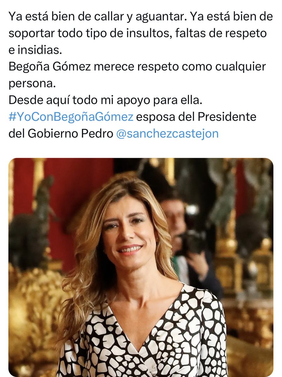 Todo mi apoyo a #YoConBegoñaGómez esposa del Presidente Pedro ⁦@sanchezcastejon⁩ ⁦@PSOE⁩ ⁦@SocialistesVal⁩ ⁦@gpscongreso⁩ ⁦@PSPVProCS⁩