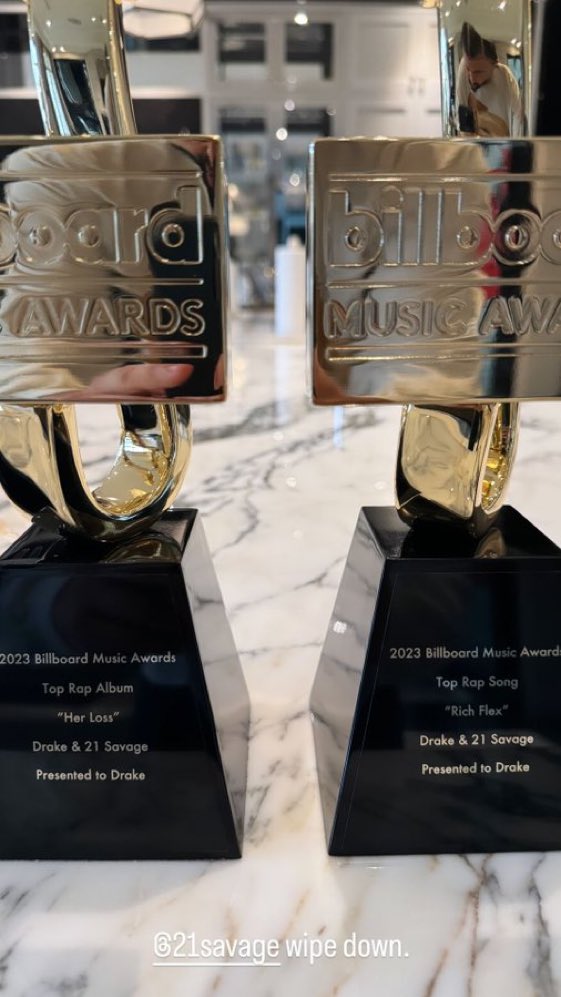 Drake shares a picture of his Billboard trophies for his album with 21 Savage ‘Her Loss’‼️