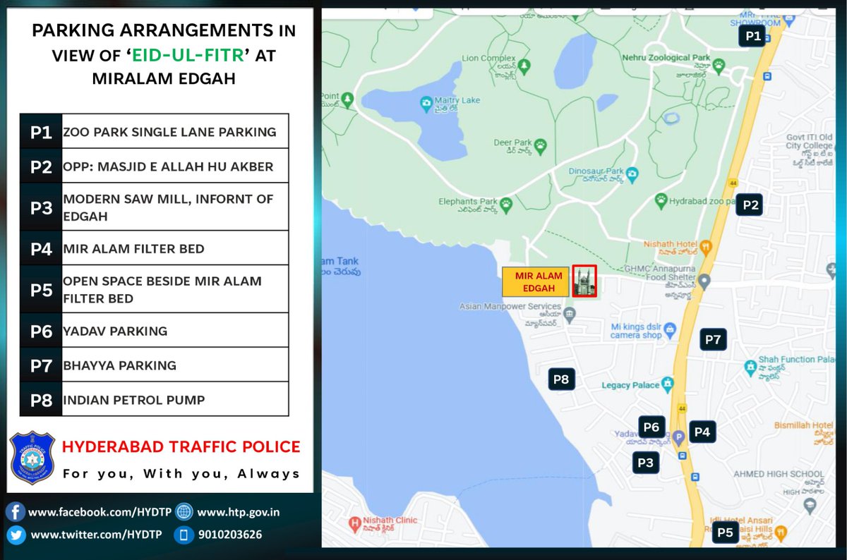 #HYDTPinfo Commuters, please make a note of #Traffic Restriction/ Diversion inview of #EidAlFitr (#Ramzan) prayer at Mir Alam Tank, Eidgah on 11-04-2024 from 08 AM to 11.30 AM. Namazees are requested to park their vehicles at the allotted #Parking places & cooperate with @HYDTP