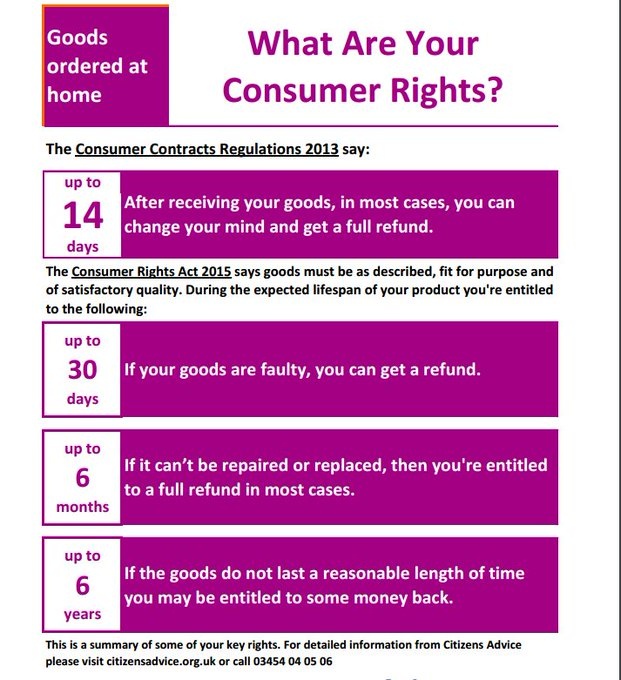 Ordered goods at home? Here's your #ConsumerRights . Call Citizens Advice Consumer Service on 0808 223 1133 for more advice.