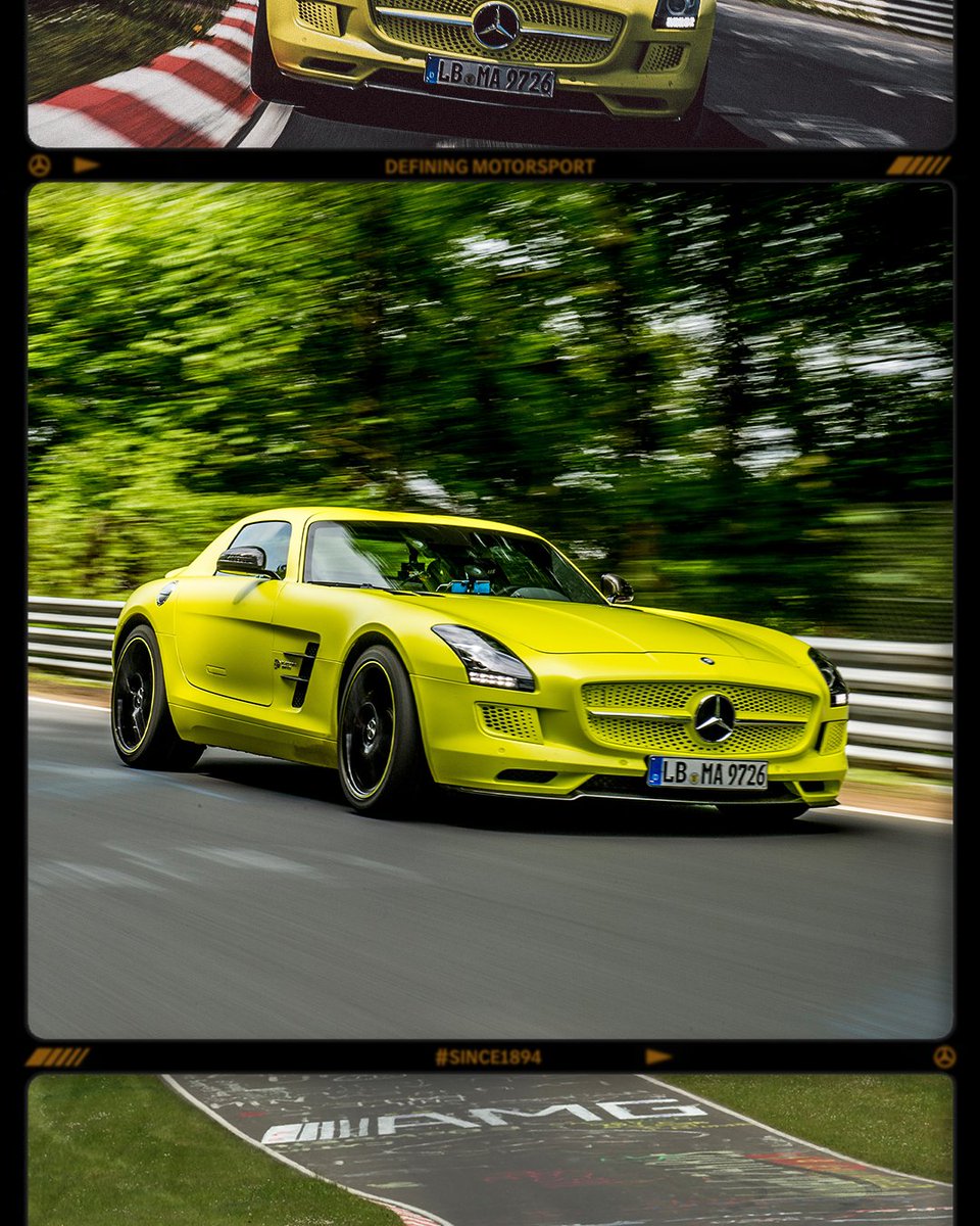 #since1894 – Neon, electric and fast ⚡️ In 2013, the Mercedes-Benz SLS AMG Electric Drive set a record of 7:56,234 min on the Nordschleife for electric vehicles. Stay tuned for more moments from our 130-year motorsport legacy 📸🎞️ #DefiningMotorsport #WorldsFastestFamily