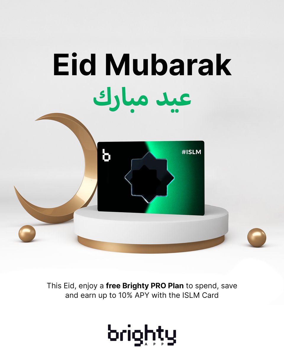 Eid Mubarak, European friends! 🌙 Get 1 month of the Brighty PRO Plan for FREE this Eid: up to 10% APY with a #ISLM card, lower exchange fees, & more! Subscribe to the plan and message us in-app for a quick refund. Offer till the end of April for European residents 🕊 #EidMubarak