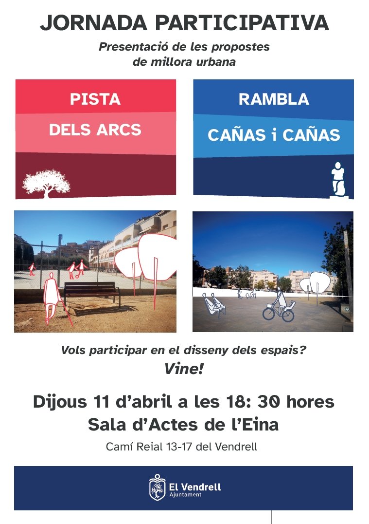 📢 JORNADA PARTICIPATIVA 🗓️ Dj. 11 abril, a les 18:30 h, a la Sala d'actes de @leinaelvendrell Tothom hi està convidat per participar en el disseny de la millora de dos espais urbans del municipi 👇 #elVendrell #Participació #MilloraUrbana