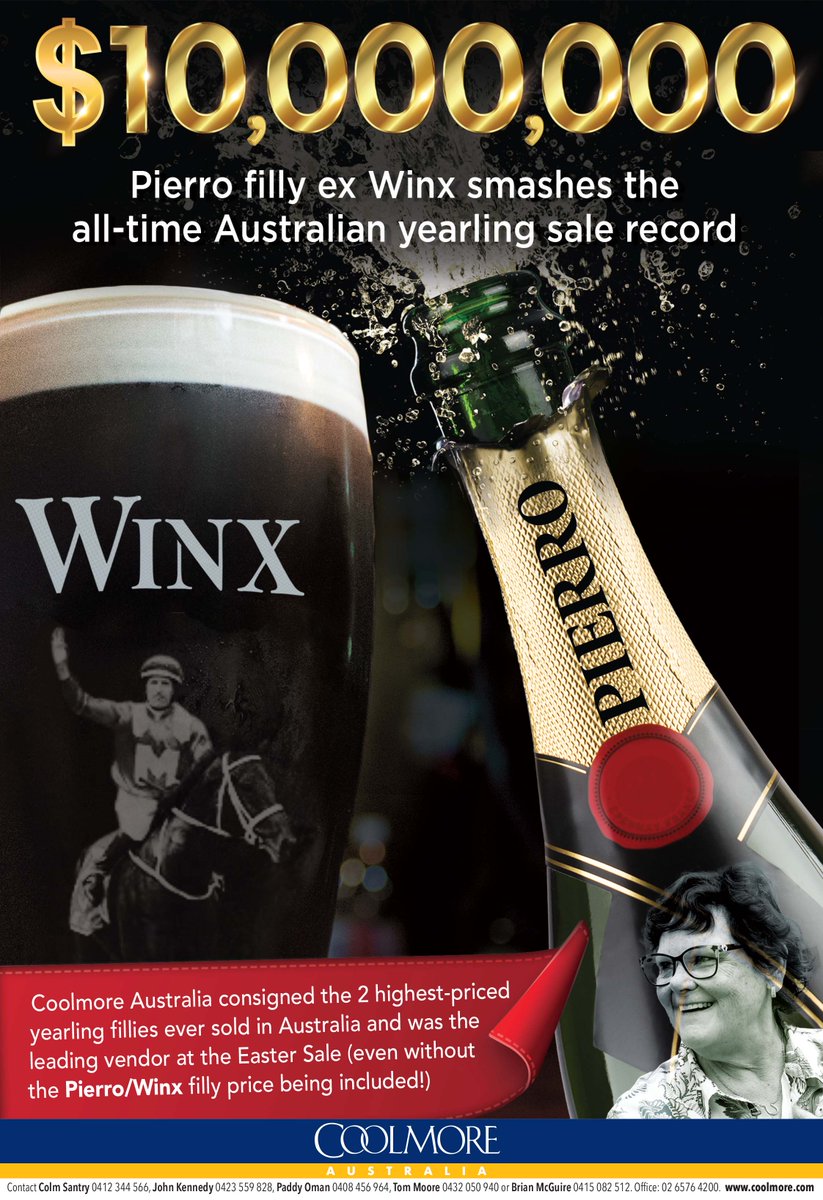 🔷 @CoolmoreAus's Pierro filly ex Winx smashes the all-time Australian yearling sale record - $10,000,000 🔷 Coolmore consigned the 2 highest-priced yearling fillies ever sold in Aus & was the leading vendor at the Easter Sale ‼️ Visit ➡️ coolmore.com/farms/australi…