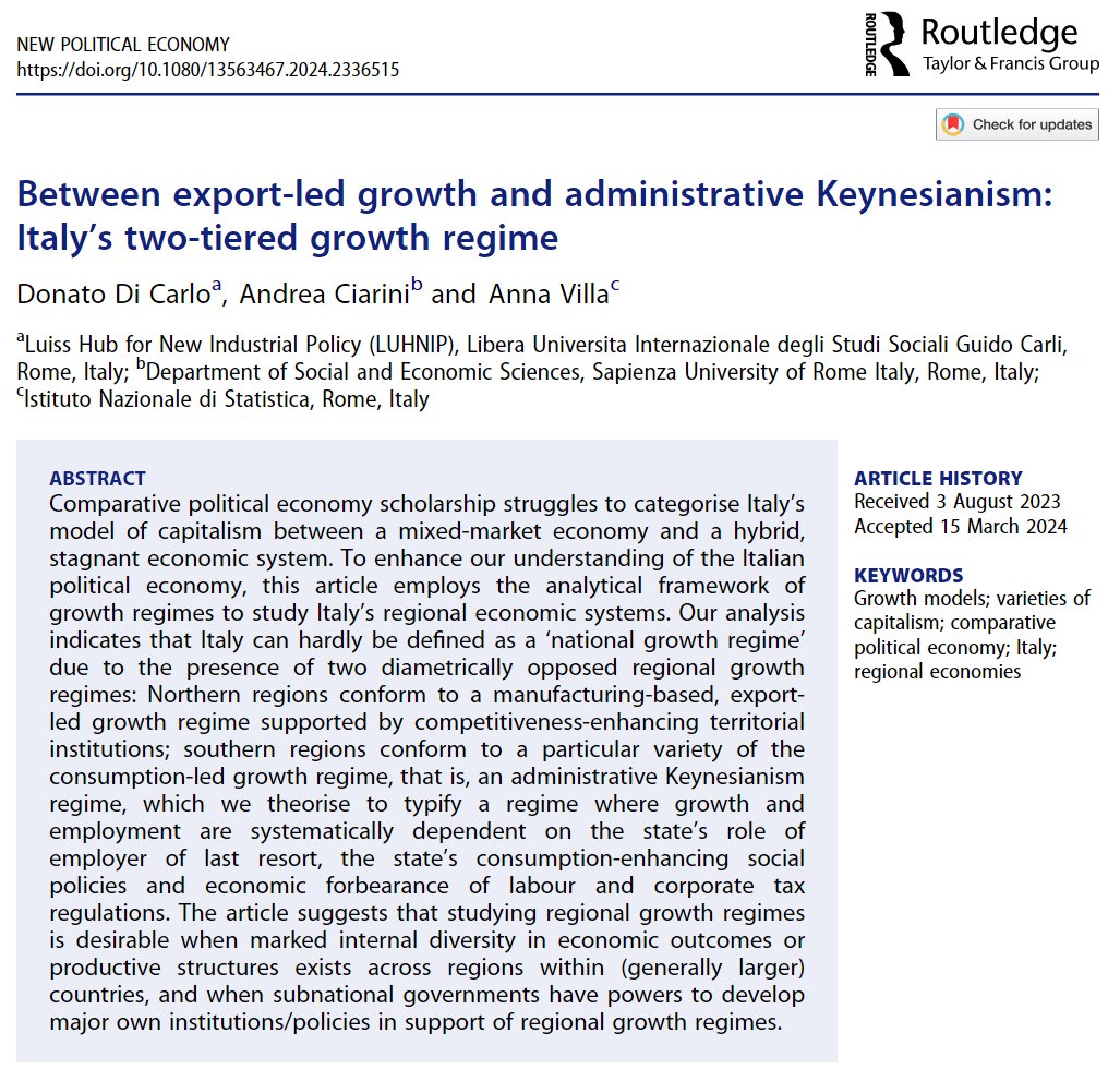 How about applying the growth regimes framework to study Italy's regionalized capitalism? In this @NPEjournal paper, we delve into Italy's contrasting regional growth regimes: Northern export-led growth vs southern administrative Keynesianism. 👉 tiny.cc/m8spxz 🧵