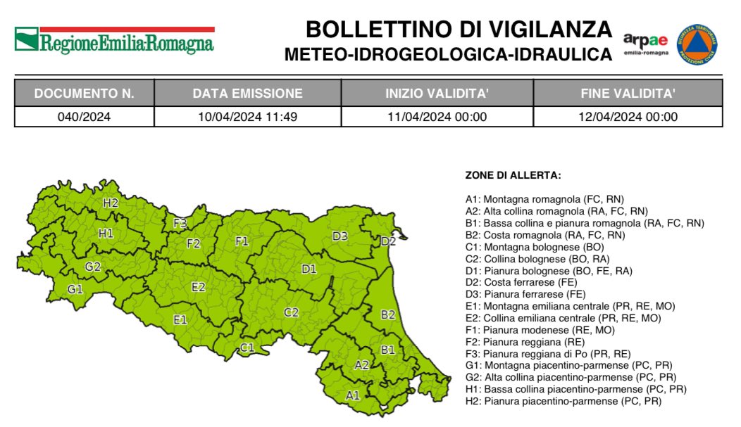 #BollettinoVigilanzaER VERDE nessuna allerta dalle 00:00 del 11/04/2024 alle 00:00 del 12/04/2024 ➡️ bit.ly/3TVqcwC