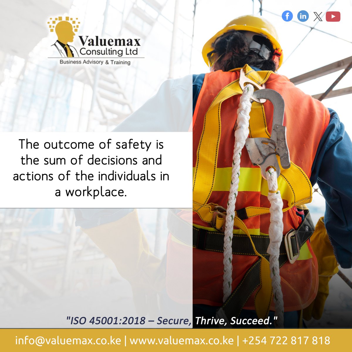 Safety comes as a result of the specific and intentional actions that we take. Keep playing your part to achieve a safe working environment.

#WorkplaceSafety #WorkSafety #ISO45001 #Safety #Valuemax #ISOStandards